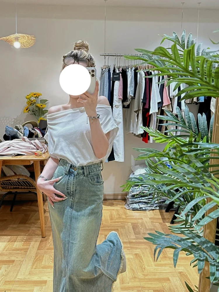 Retro Spódnica Jeansowa z Wysokim Stanem Damska Sensacja Designu Postrzępiony Brzeg Dopasowany Krój Długa Spódnica Jesienna Moda Damska...