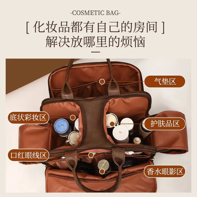 Retro Solid Color Handbag Women Clean Large Capacity  Makeup Bag Ladies Portable Multifunctional Multi Compartment Toiletry Bags