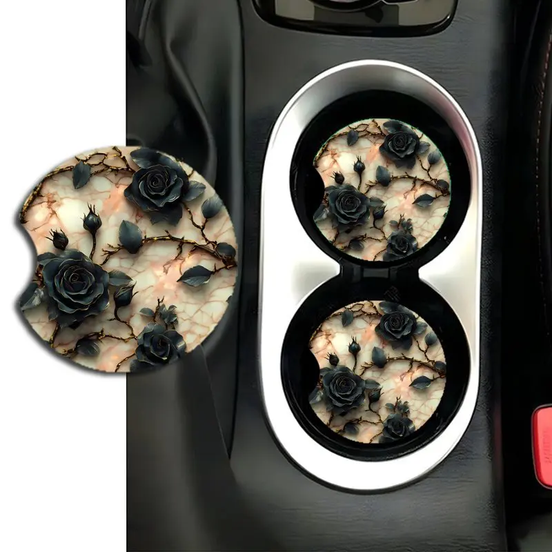 2pcs Black Rose Car Coasters - 2.76x2.76 Inches Acrylic, Waterproof And Heat-Insulating, Intricate Floral Design, Ideal For Men'