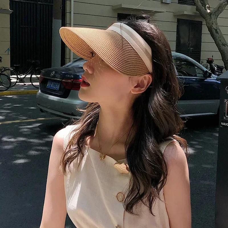 2024 New Summer Empty Top Sun Hat Anti Uv Female Outdoor Visor Cap Casual Shade Hat Straw Wide Large Brim Beach Sunhat Lady