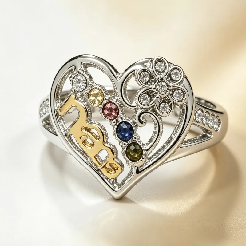 Two-tone Heart Letter Ring for Women, Inlaid Zircon European American Fashion Split Shank Decorative Finger Jewelry
