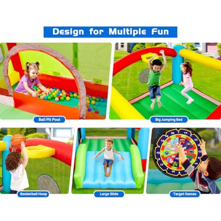 Videur gonflable Bounce House avec souffleur d'air, château de saut coulissant avec fosse à balle coulissante et jeu de cible de fléchettes 143x137x68 pouces
