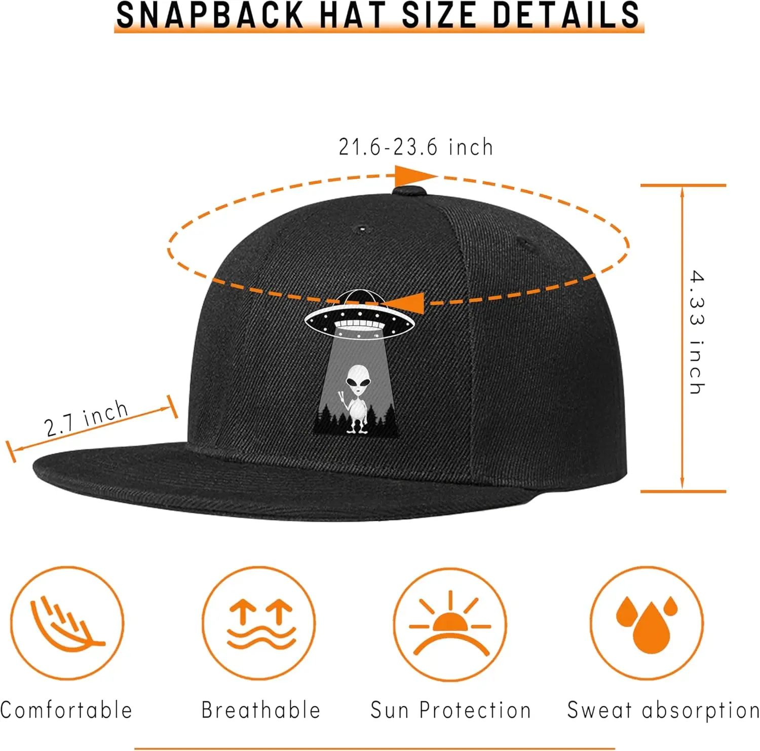 Ufo Aliens Snapback Hats for Men Flat Bill Hat for Boy Snap Backpack Baseball Cap Black