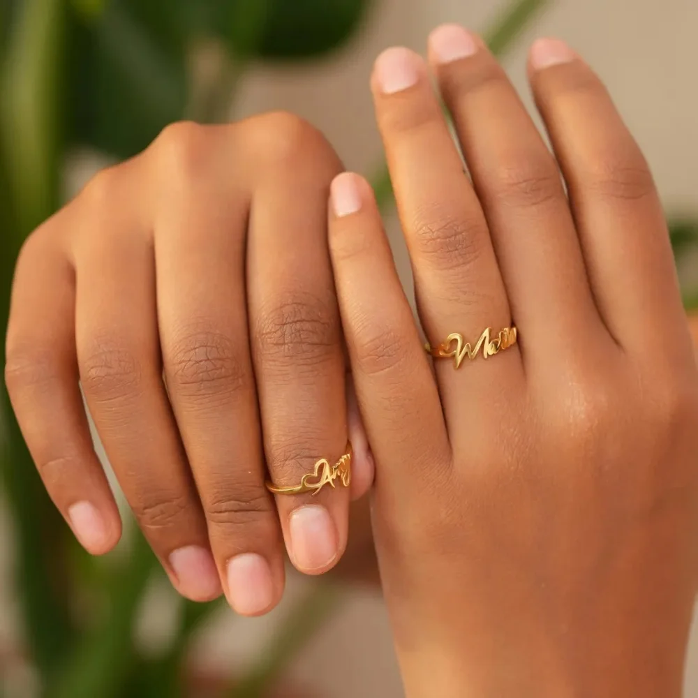 Custom Name Dainty Ring Personalized Heart Name Stackable Plain Band Rings For Women Fashion Jewelry Mom Sisters Best Gifts