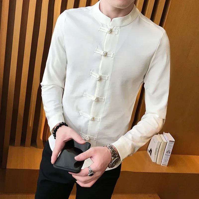 

Men Long Sleeve Linen Shirt Brand Mandarin Collar Casual Kimono Traditional Chinese Style Regular Fit Mens Dress Shirts Big Size