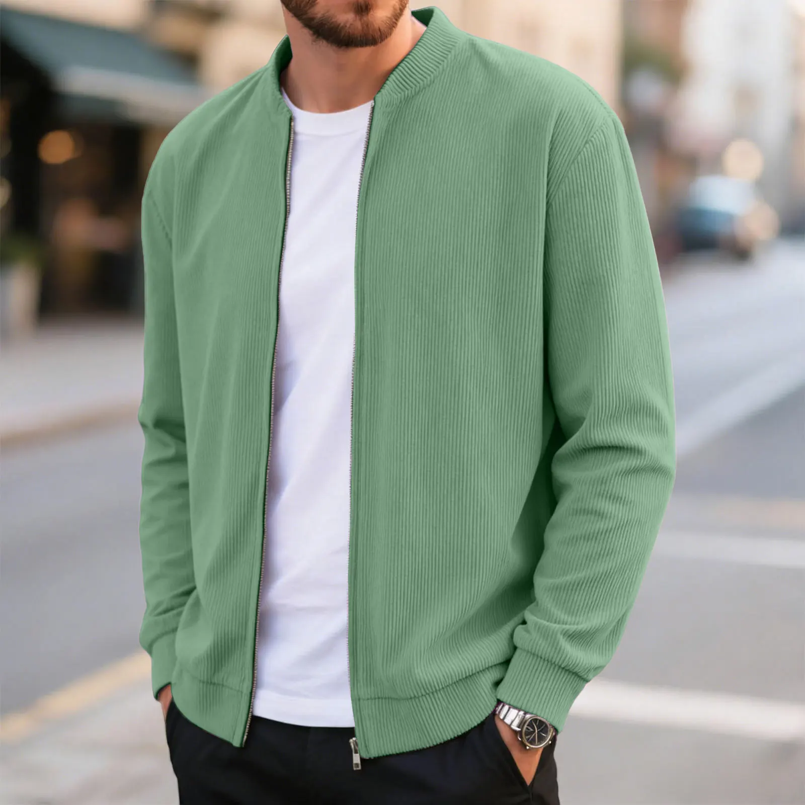 Men'S Casual Coat Corduroy Solid Color Round Neck Zipper Long Sleeve Insulated Jackets Spring Autumn Coat For Mens Fashion