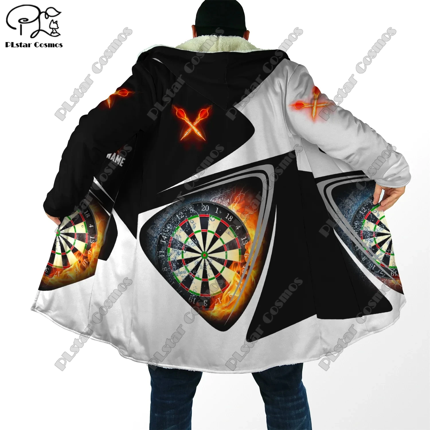 3D printed darts player’s personalized name, fashionable winter hooded cape, fleece windbreaker, unisex casual warm jacket