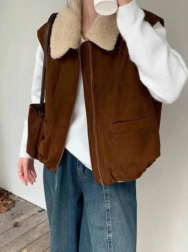 المرأة الخريف الشتاء الرجعية البني سترة أفخم بدوره إلى أسفل طوق جديد هونغ كونغ نمط الوجه طوق أعلى سستة الحصان كليب نمط #3