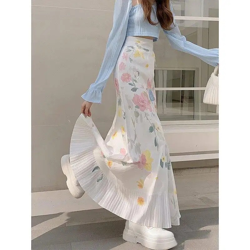 Fashion New Women Floral Printed Maxi A-line Skirt Big Swing Long Flower Printing Summer Skirt Elegant Pleated Faldas Saia