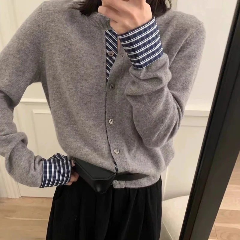 

French Style Fake Two-piece Retro Elegant High Quality Knitted Sweater Autumn New Fashion Casual Loose Comfortable Women's Top
