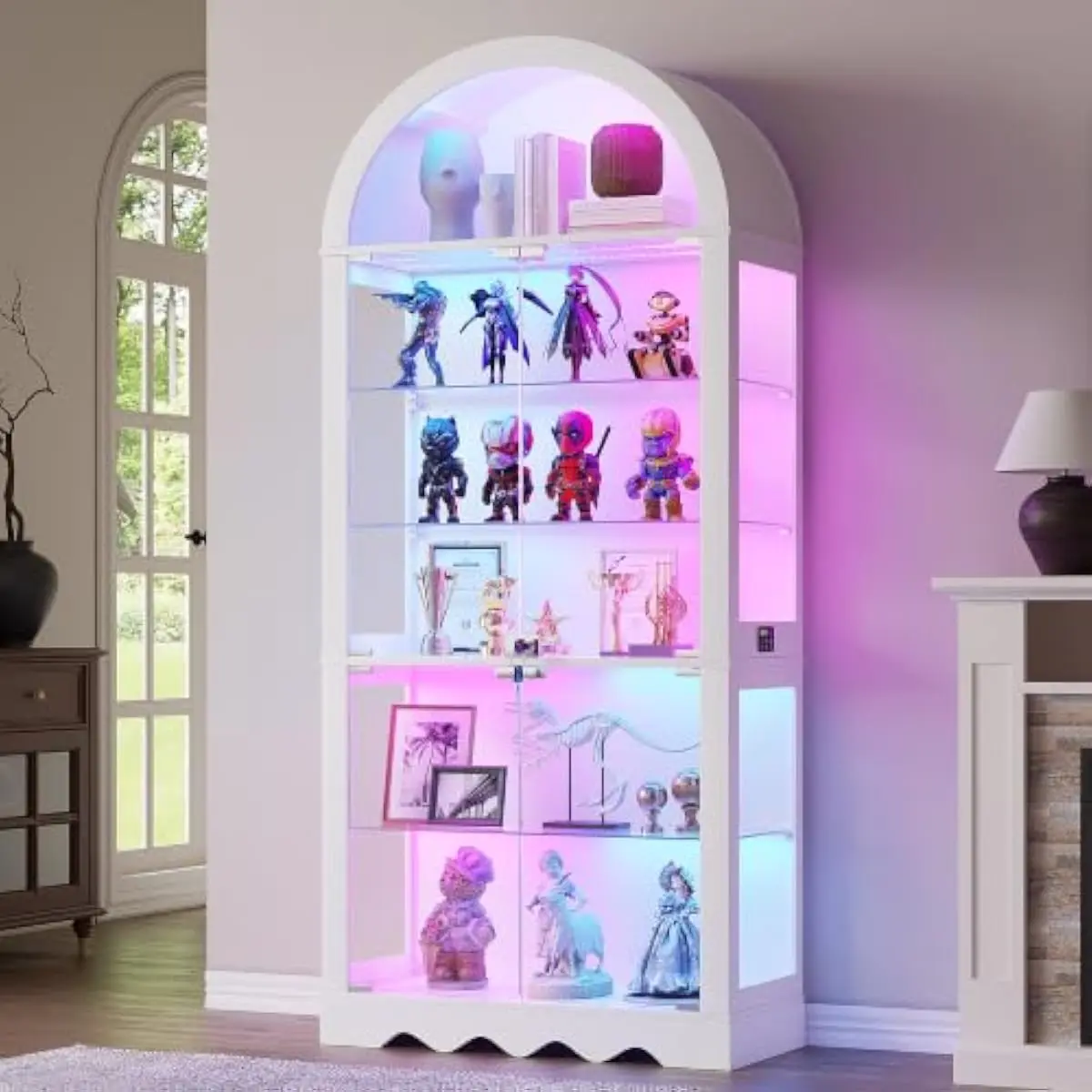 6-Tier Arched Display Cabinet Featuring Tempered Glass Shelves, Push-Open Doors, Motion-Activated RGB Lighting, Adjustable Heigh