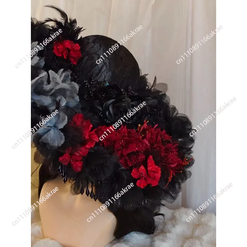for Handmade Gothic Dark Widow Hat Black Pearl Tassel Lace Black Rose Feather Photo Prop