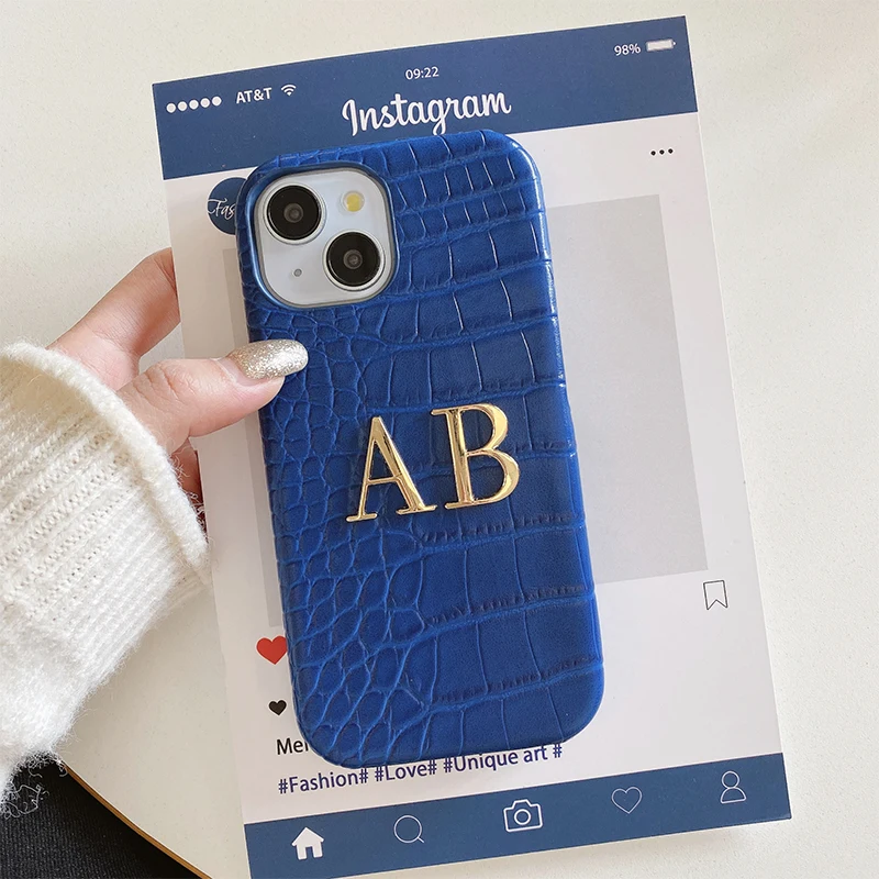 Personalized name crocodile leather Phone case initials metal letter for iPhone17 16 15 14 13 12 11Promax 16e protective Cover