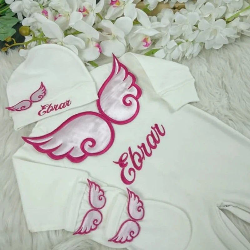 Dollbling Hospital Exit 5pcs Embroidery Name Newborn Angle Wings Romper Blanket  Nursery Bedding Swaddle Handmade Infant Outfit