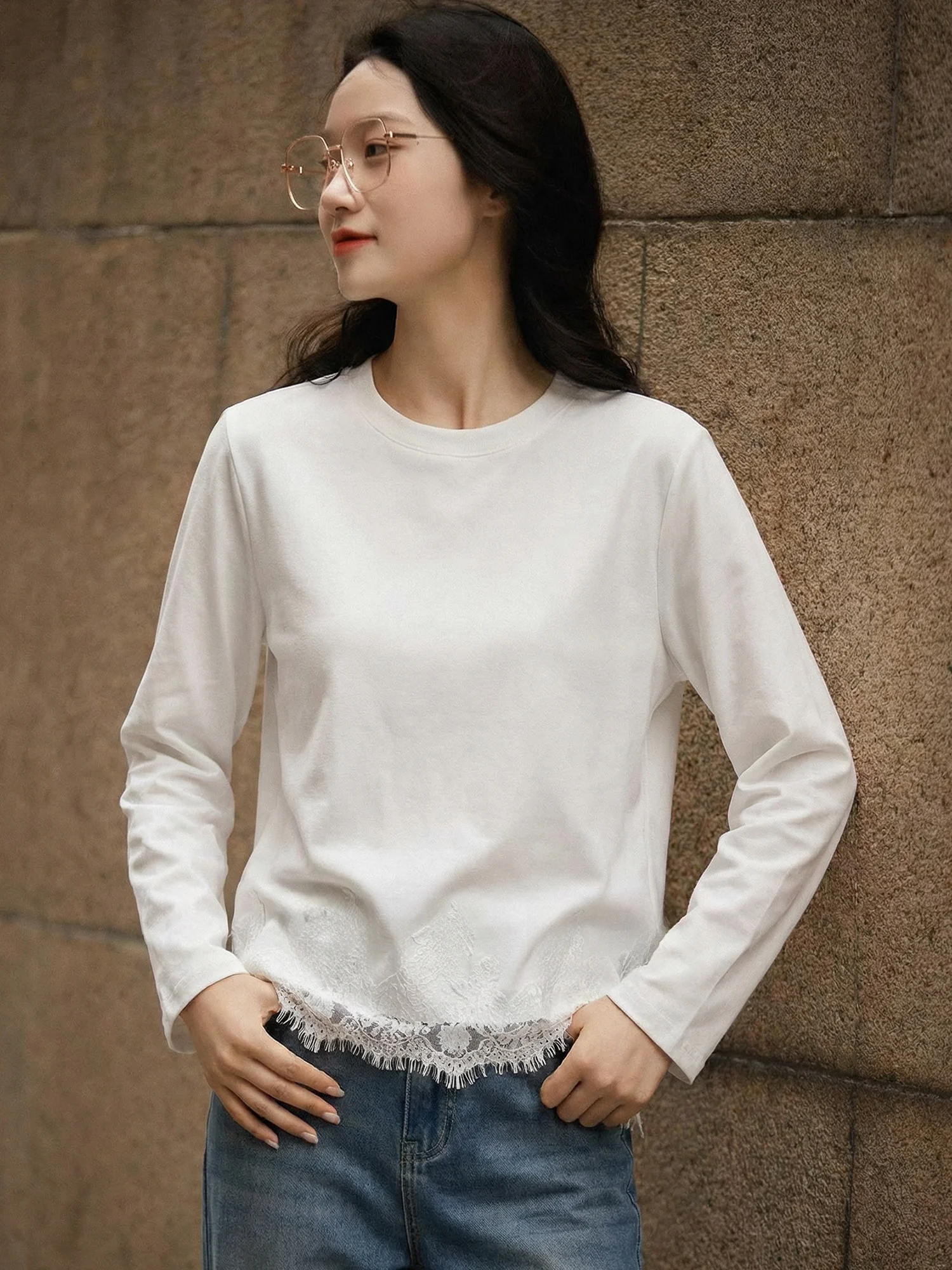 

Женская белая футболка Ele Slimming с длинным рукавом, весенняя, с кружевным подолом, повседневная, из хлопка, верхняя одежда от Chivirin