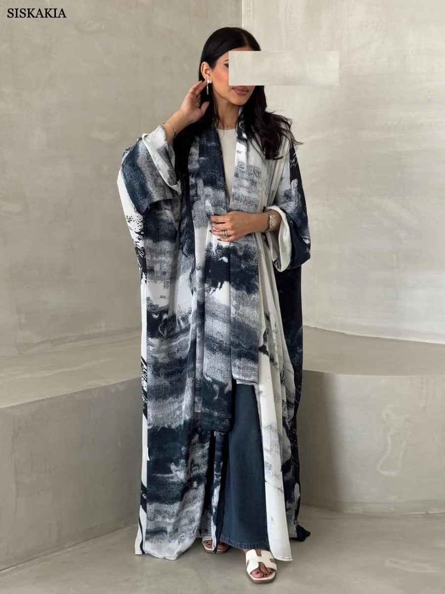 

Siskakia Luxury Women Abayas Hijab included Muslim Elegant Floral Print Cardigan Dolman Sleeve Kaftan