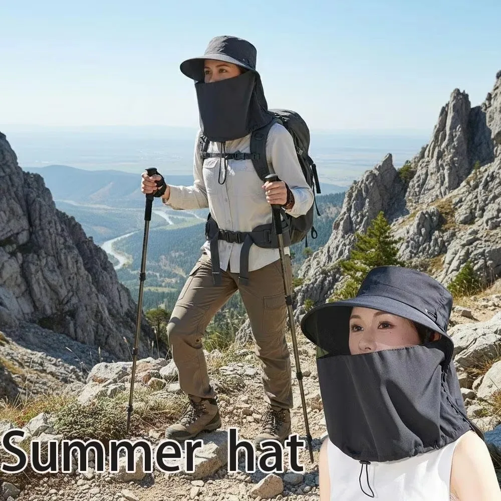 

New Anti-UV Fisherman Hat Wide Brim 50+UPF Protection Sun Hat with Face Mask Neck Shawl Adjustable Sunscreen Hat Men