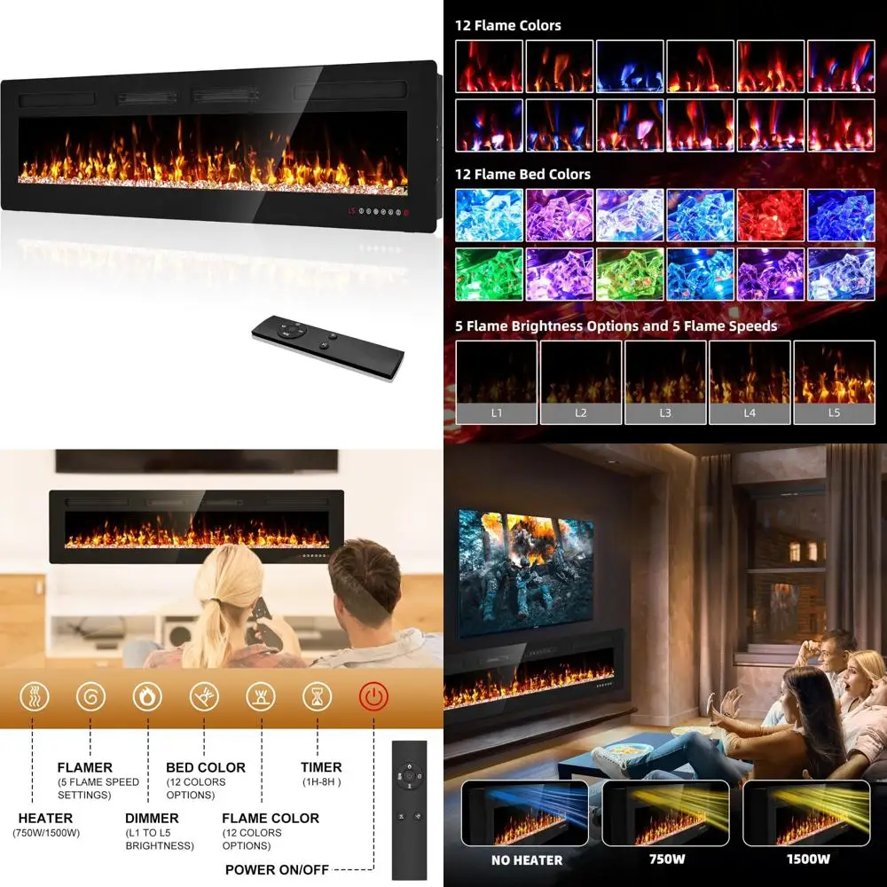 72-Inch Slim Electric Fireplace Insert with Wall Mount, Remote and Touch Screen Control, 1500W Heater, Titanium Finish