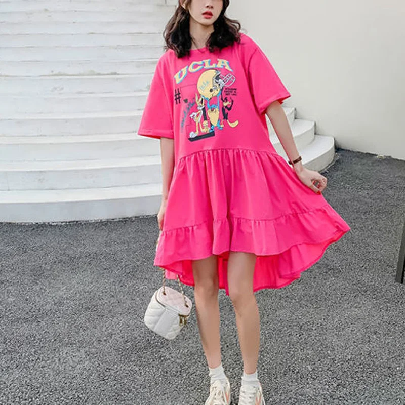 Summer Short Sleeve Oversized Ladies Printing Dresses 2024 New O-neck Irregular Pullovers A-line Skirt Trend Women\'s Clothing