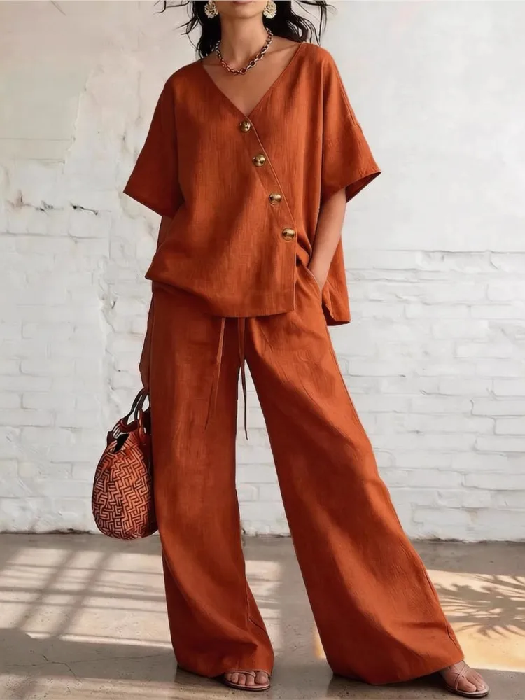 Casual Loose Pants Sets Women Summer 2026 Fashion Short Sleeve V-neck Tops And Wide Leg Pant 2 Piece Set Woman Outfits