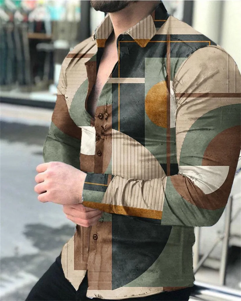 

Men's Natural Pattern 3D Printed Shirt with Long Sleeve Lapels Simple Retro Hawaiian Vacation Casual Business Formal Shirt 6XL