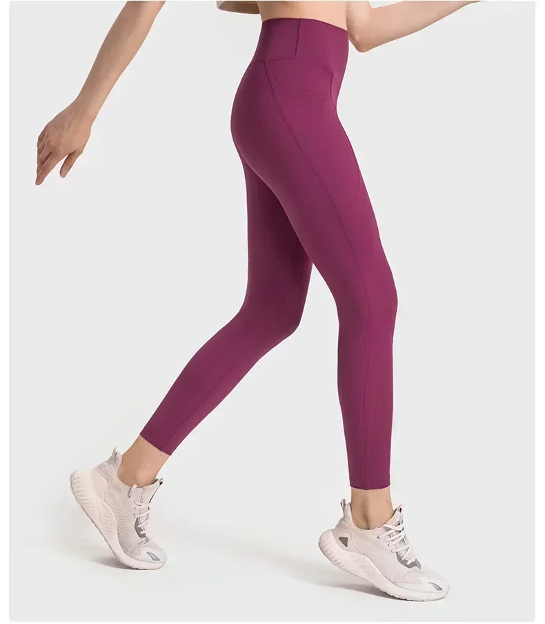 Lemon Women High Waist Ribbed Fabric Leggings with Pockets Gym Running Sport Yoga Pants Outdoor Jogging Sport Tights Trousers