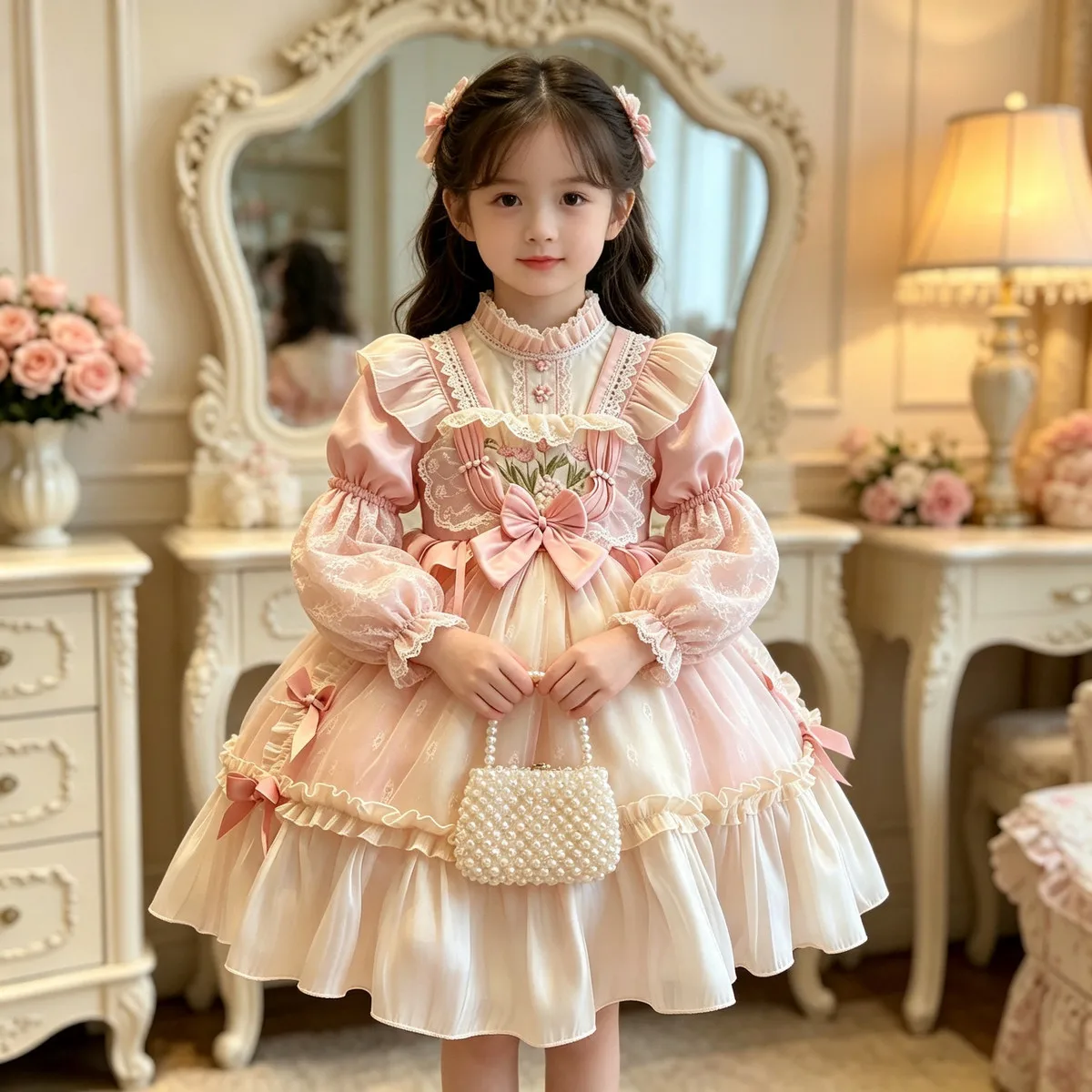 New Girl Lolita Princess Dress Spring and Autumn Children's Pink Large Tailed Bow Pong Dress