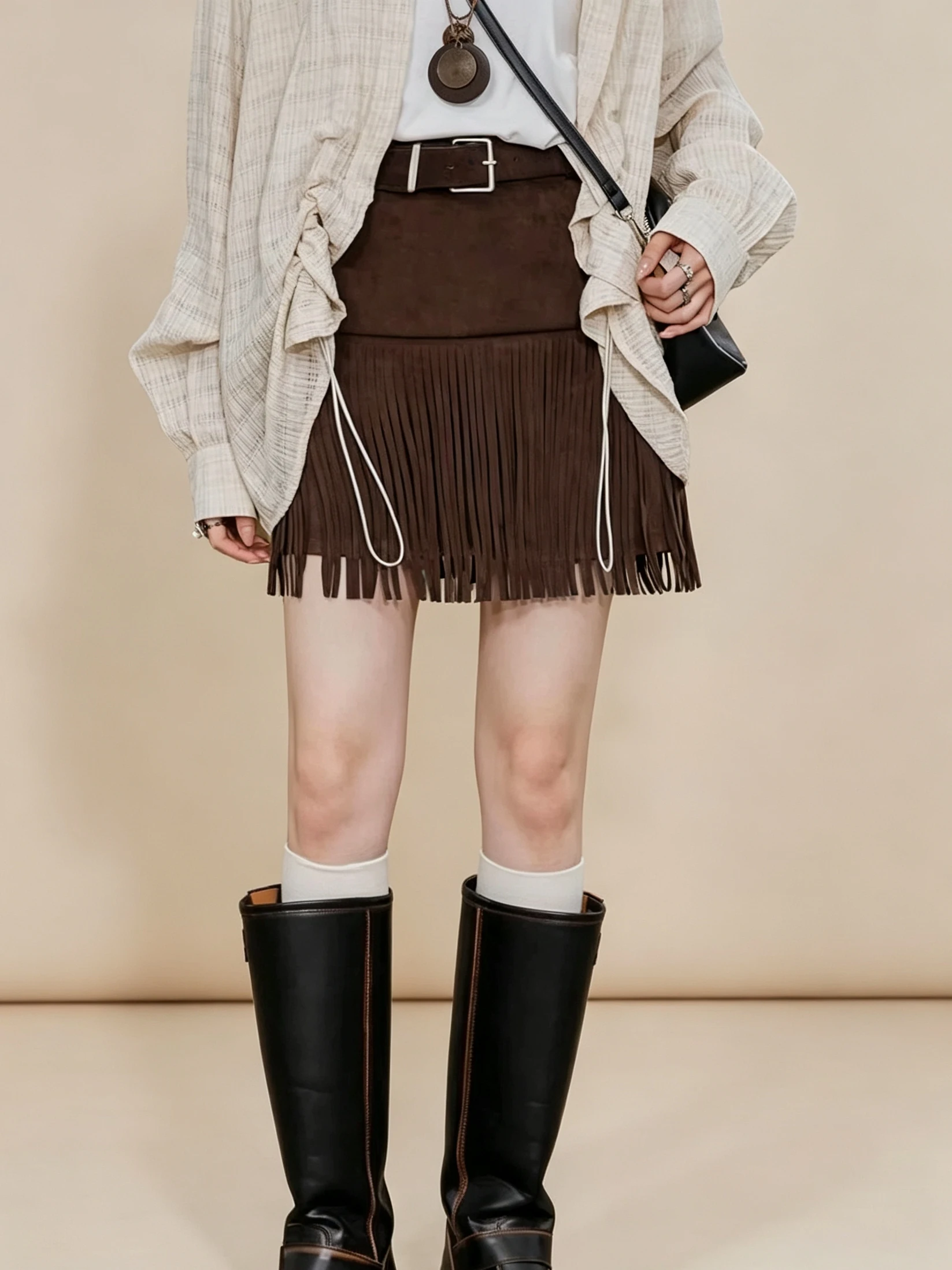 Retro Suede Tassel Trim High Waist A-Line  Skirt Women's Autumn New Style Slimming Casual Short Skirt Fashionable Commute
