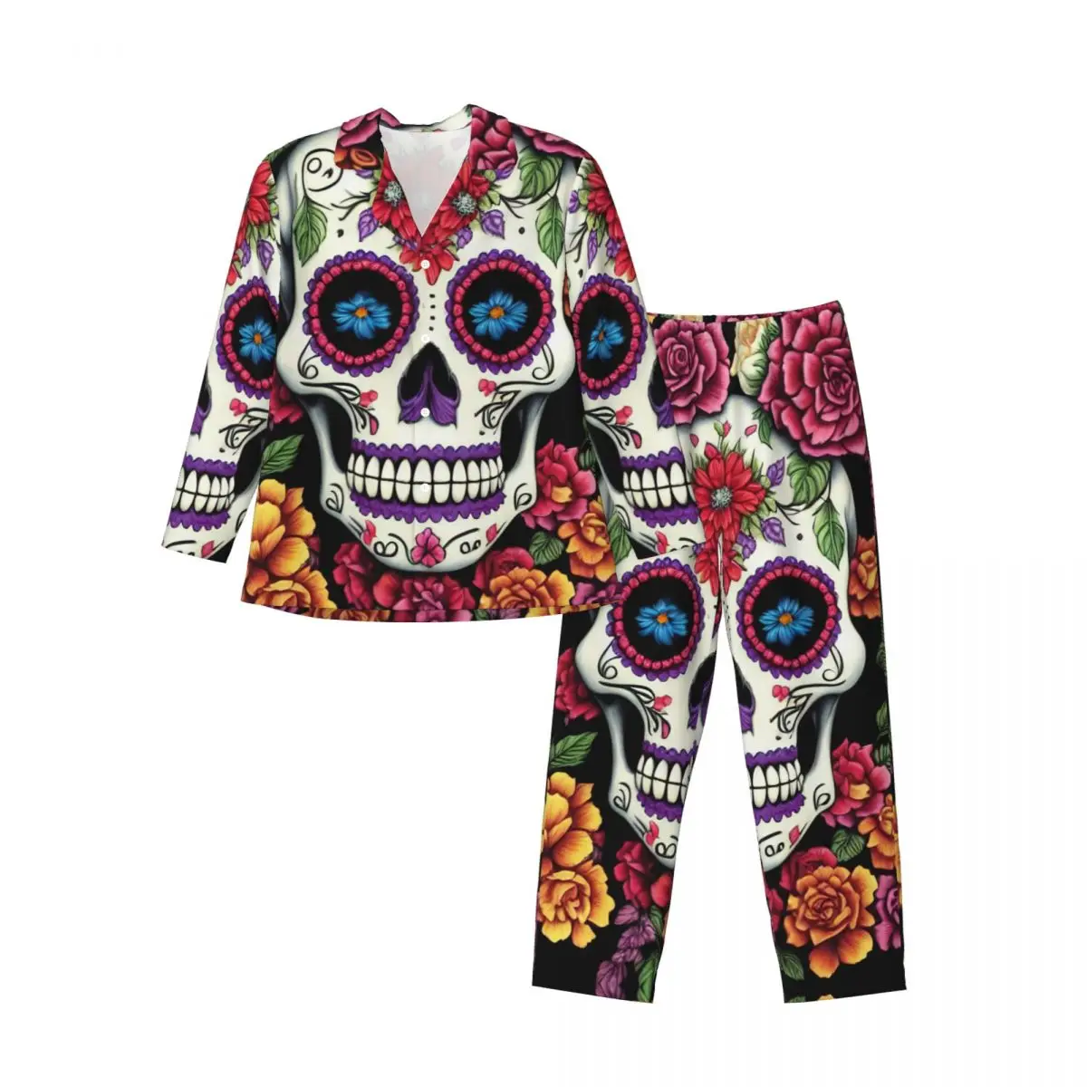 

Day Of The Dead Sugar Skull Long-sleeved Trousers Pajamas for Men Autumn and Winter Homewear Sleepwear Sets