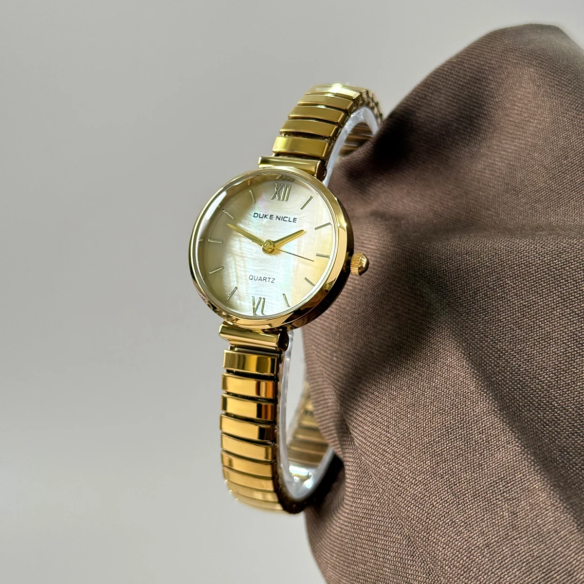 DUKE NICLE Round Shell Dial Women's Watches Exquisite Retractable Spring Strap Quartz Watch Gold Bracelet Wristwatch Gift Clock