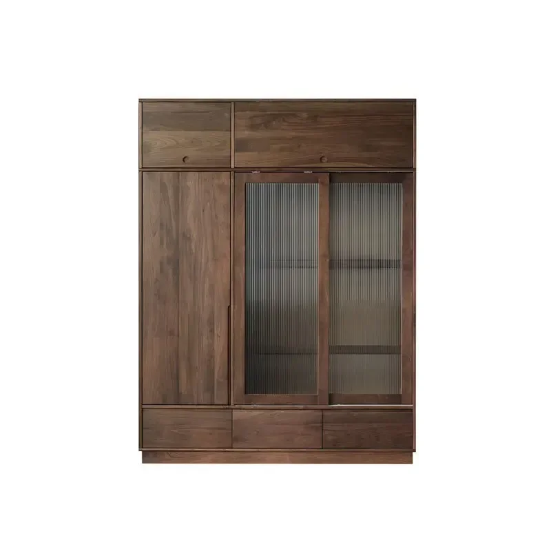 Nordic black walnut all solid wood wardrobe Japanese light luxury simple sliding door wardrobe