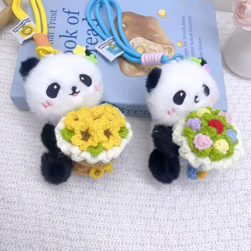 Simpatico fard Panda Materiale in lana che tiene bouquet Corda intrecciata Morbido peluche Portachiavi Itabag Decorazione con cerniera Coppia regalo di Natale