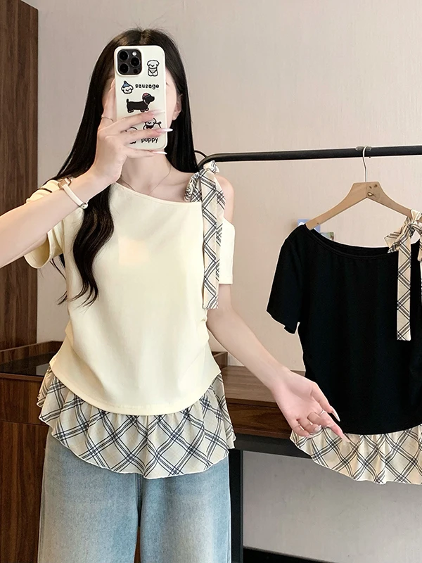 

plus Size Women's Slim Fit Short Sleeve T-Shirt with Plaid Splicing And Belt Design Summer Casual Comfortable Breathable Top