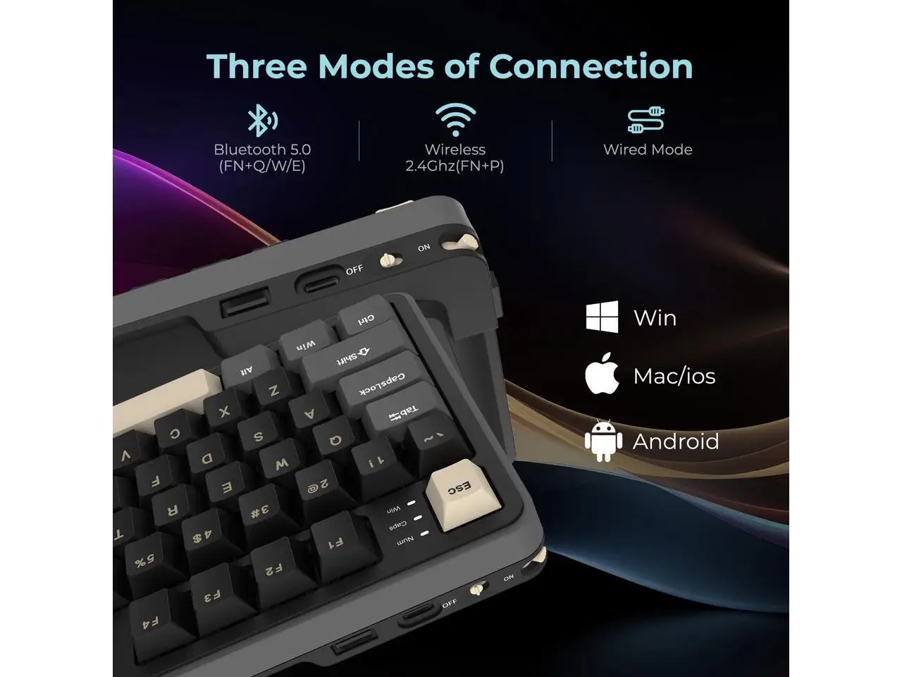 Rosewill Neon S96 Wireless Mechanical Gaming Keyboard, 98-Key Layout w/ Volume Knob, Bluetooth / 2.4GHz / USB-C, Hot-Swappable Blue Switches, RGB Backlit, 3750mAh Battery, Windows & macOS, Black