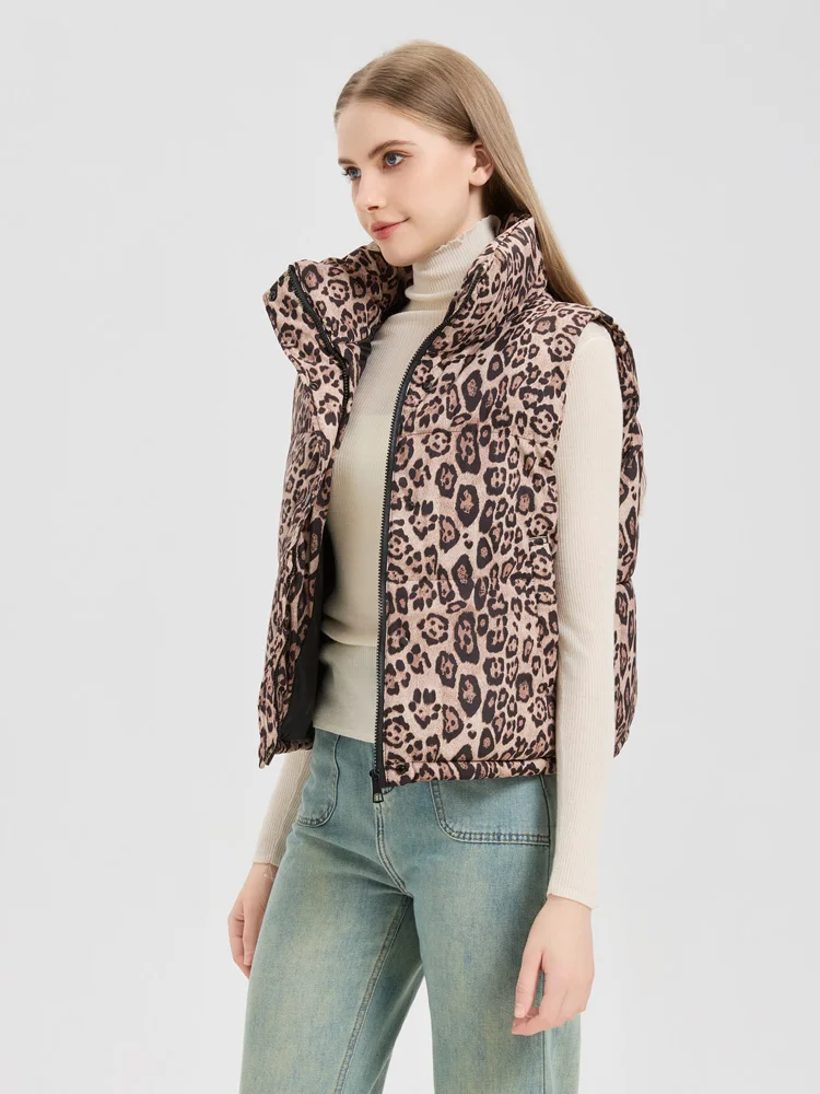 가을 겨울 신상 여성용 슬림핏 면 조끼 스탠드 칼라 다운 코튼 베스트 레오파드 프린트 지퍼 클로저 베스트