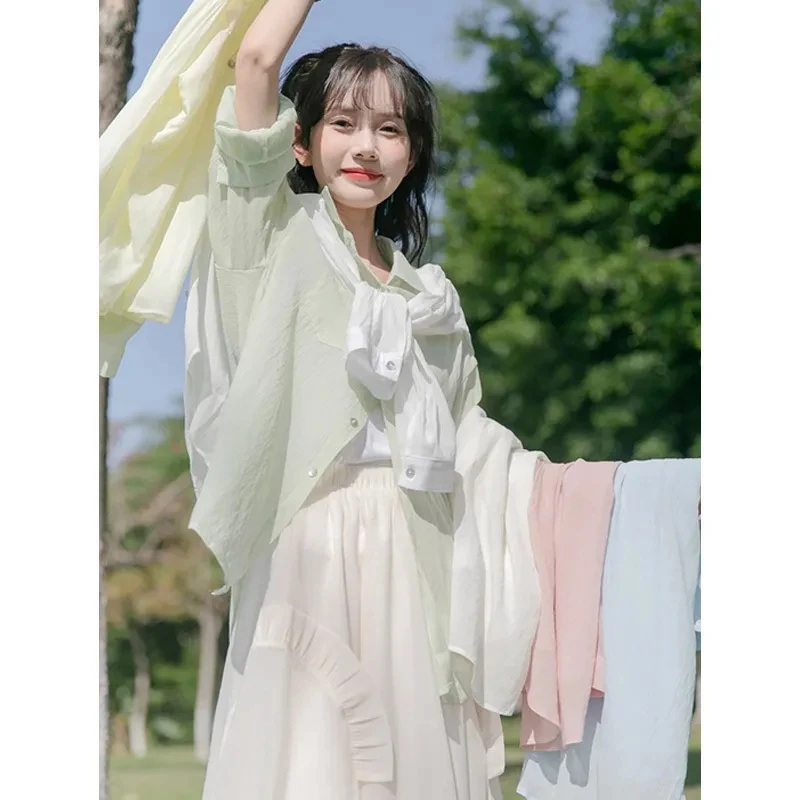 Sweet Chiffon Shirt Women Korean Loose Ice Silk Sun Proof T Shirts Fashion Sweet Thin Solid Casual All Match Tops Summer New