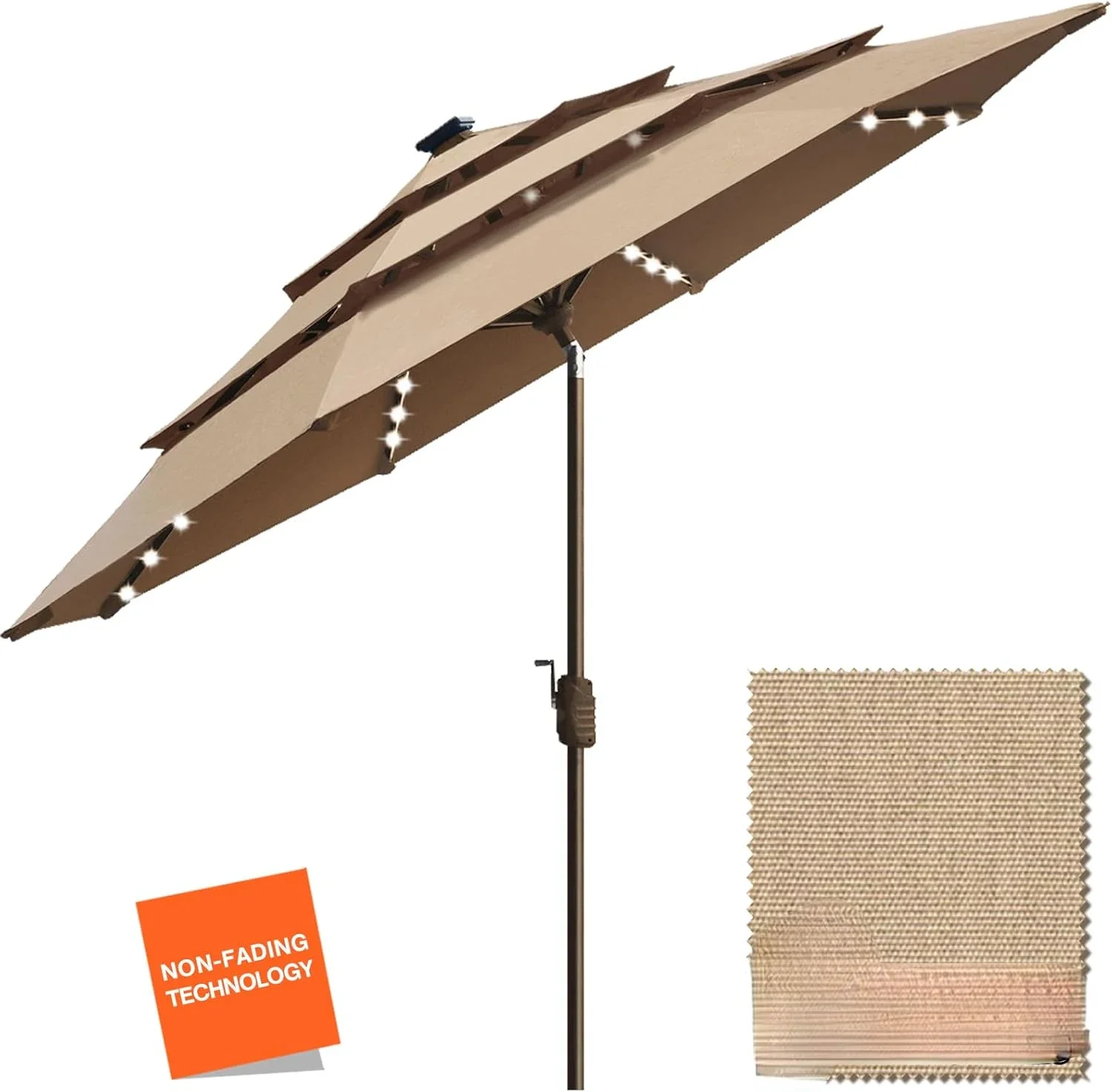 10-Year-Non-Fading Solar 9ft 3 Tiers Market Umbrella with 80 LED Lights Patio Umbrellas Outdoor Table with Ventilation