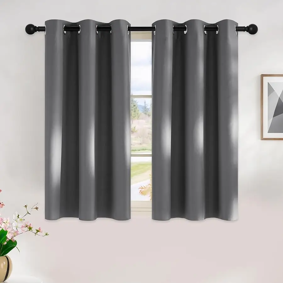 

Grey Kitchen Blackout Short Curtain Panels for Bedroom, 45 Inch Long Thermal Insulated Grommet Top Blackout Draperies and Drapes