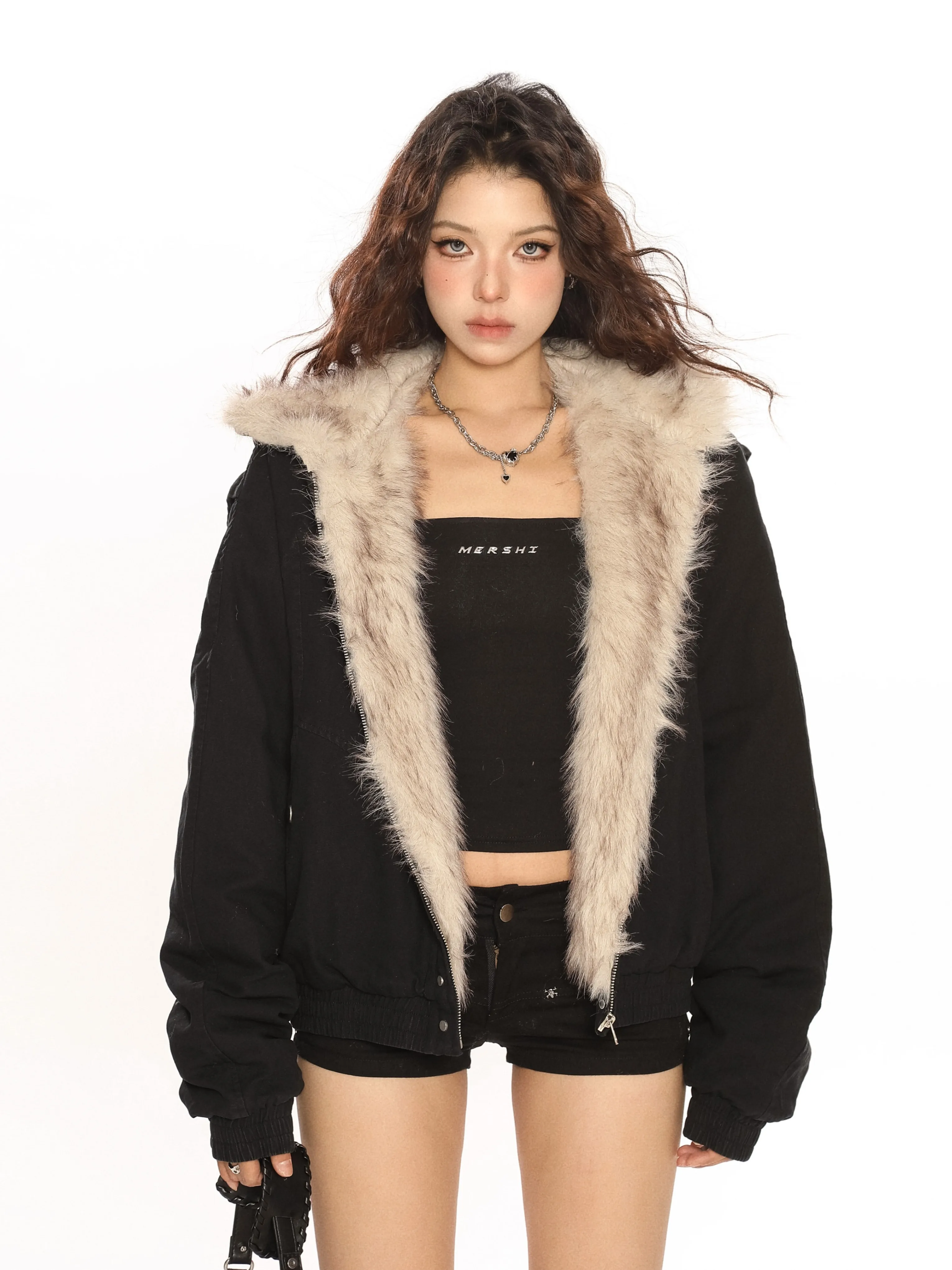 

Y2k Winter New Elegant Liner Fur Loose Coat Women Fur Collar Hood Thick Fashion Parkas Casual Outerwear Cotton Padded Jacket