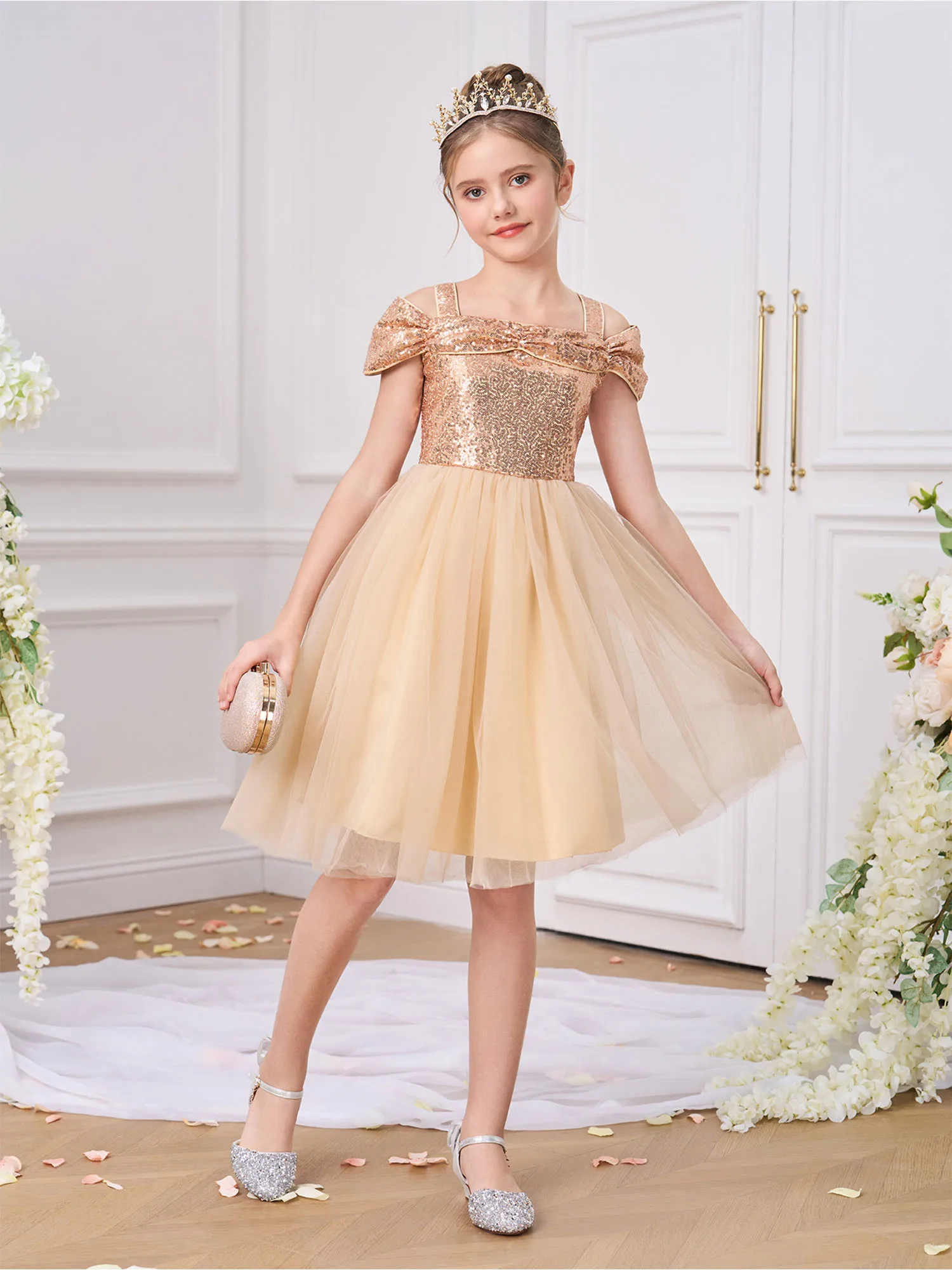

Kids Girls Sleeveless Sparkly Sequins Tulle Patchwork High Waist Party Dress for Birthday Graduation Photography Performance