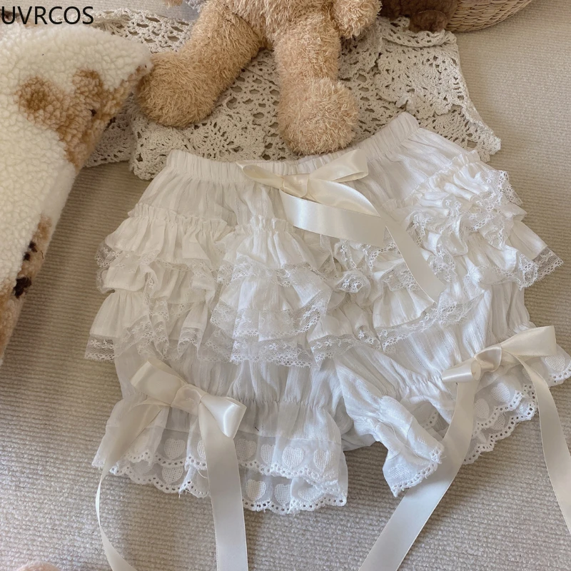Lolita Short Black White Shorts Womens Cute Lace Trim Layered Ruffle Bloomers Short Girls Mid Waist Bowknot Decor Frilly Panties