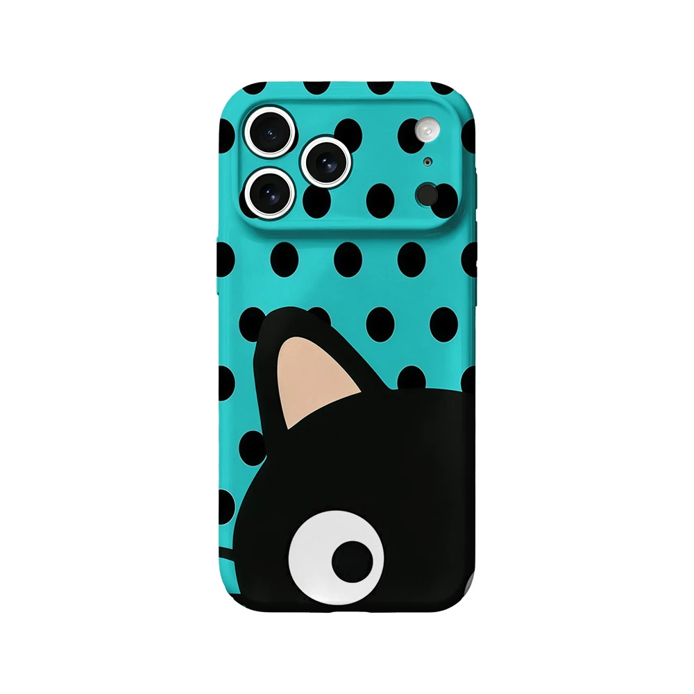 Coque de téléphone pour iPhone 17 16 15 14 13 12 11 Pro Max Air 16e 7 8 Plus XS Max X XR en PC rigide avec motif de chat à pois turquoise