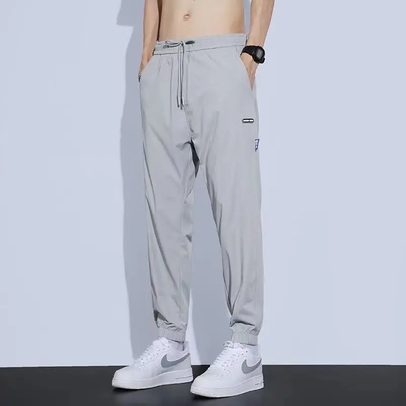 

Ice Silk Boyfriend Summer Thin 2024 New Patchwork High Waited Elasticized Pocket Solid Fashion Loose Casual Strap Sports Pants