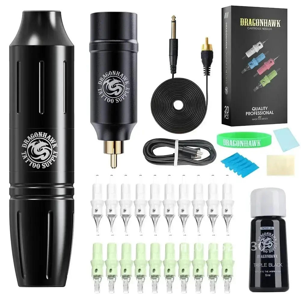 Dragonhawk S11 Rotary Tattoo Machine Makeup Kit with RCA Wireless Battery Power Silicone Case Cartridge Needles Set