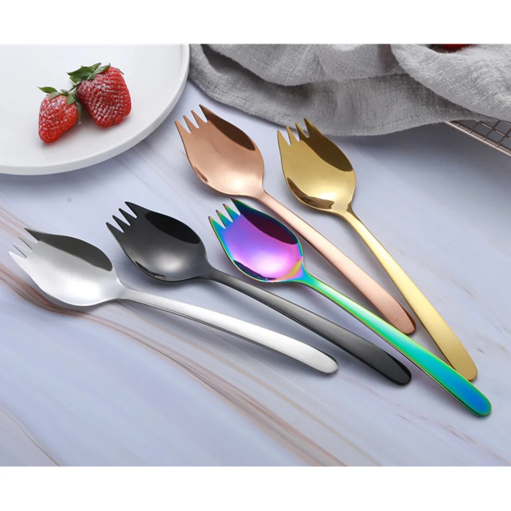 

6Pcs Stainless Steel Fork Spoon Combo Dual Purpose Noodle Salad Dinnerware Multifunction Kitchen Tool for Eating Black