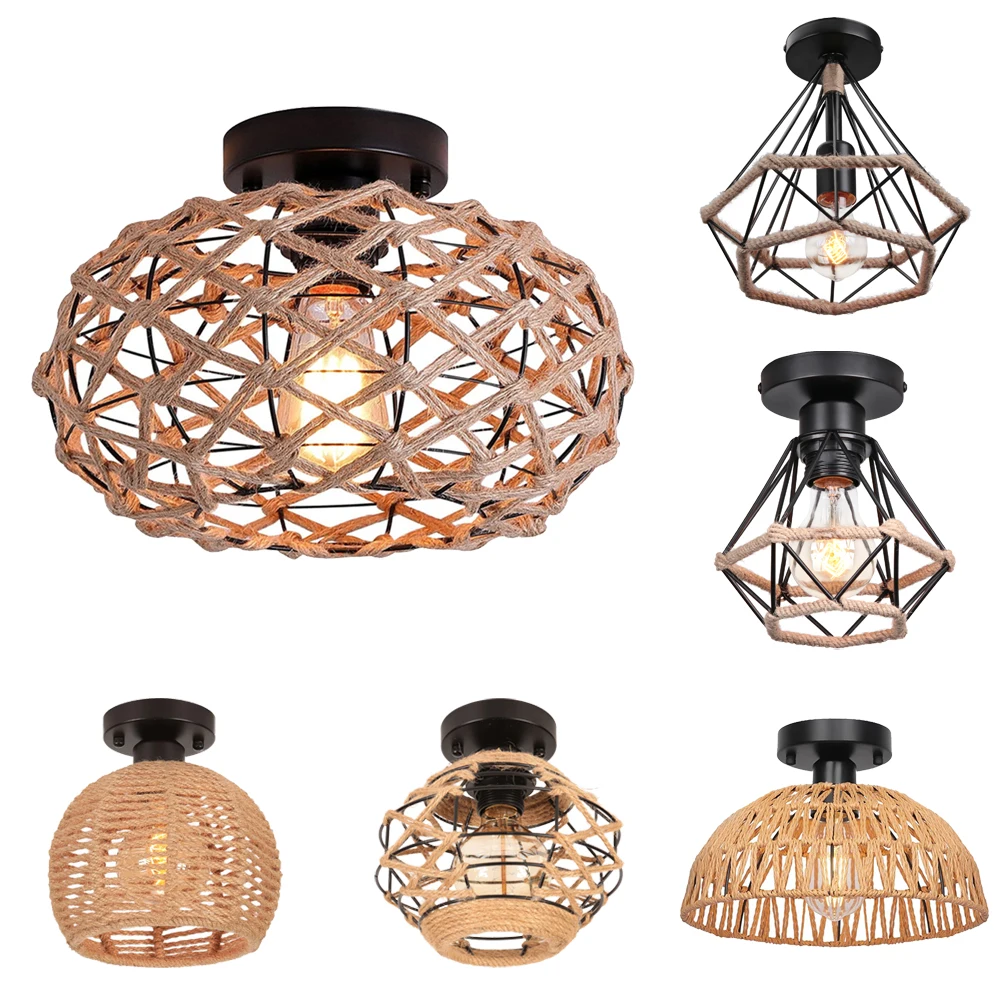 

Vintage Rattan Ceiling Light Fixtures Rustic Retro Flush Mount Ceiling Chandelier For Kitchen Island Hallway Living Room Bedroom