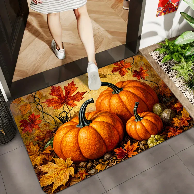 Autumn Pumpkin Doormat Maple Leaves Printed Floor Mat Non Slip Kitchen Rug Soft Carpet Welcome Mats Front Door Home Decor