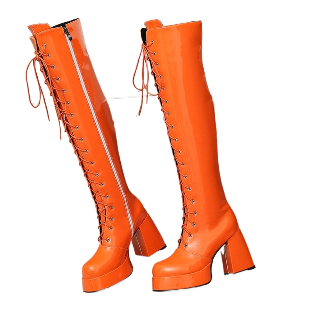 Women Patent Leather Knee High Boots Lace Up Inner Zipper Platform Block Heel Fashion Boots Plus Size 35-48