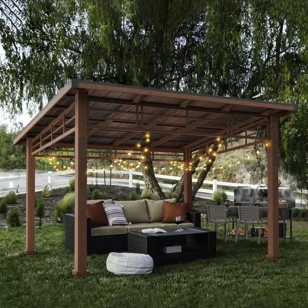 12x14 Hardtop Gazebo, Outdoor Pergola Metal Roof Gazebos, Patio Gazebos Canopy with Curtains, Permanent Pavilion Grill Gazebo