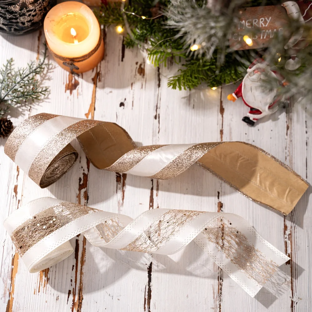 5M Gold Glitter Christmas Ribbon DIY Bow Crafts Wedding Christmas Tree Decor Flower Wrapping Ribbon Packaging Box Bow Ribbons
